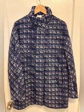 J. Crew Navy and White Tweed-Style Car Coat sz 12 NWT